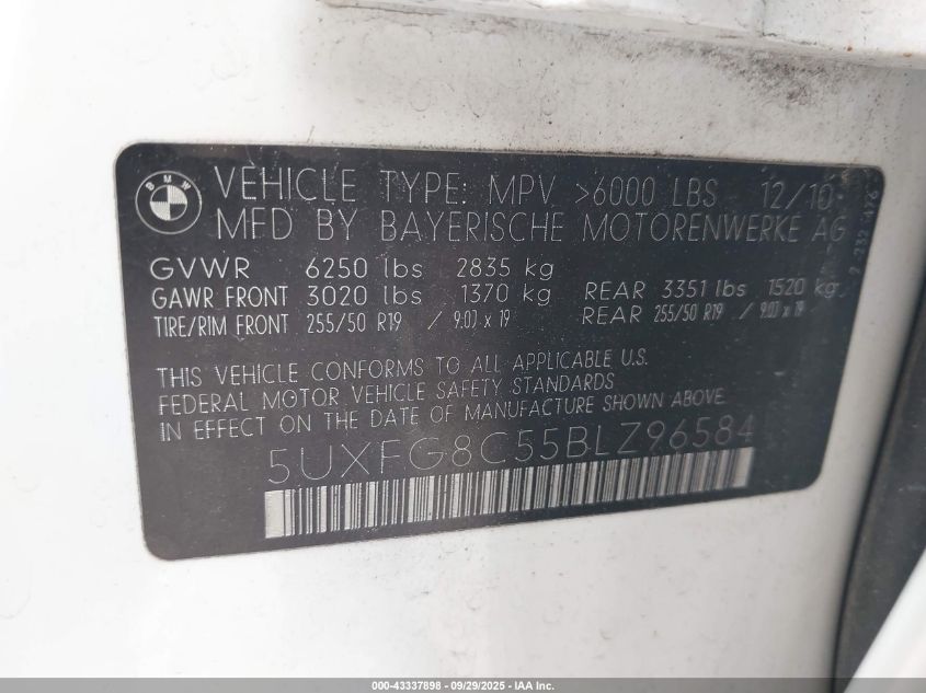 2011 BMW X6 xDrive50I VIN: 5UXFG8C55BLZ96584 Lot: 43337898