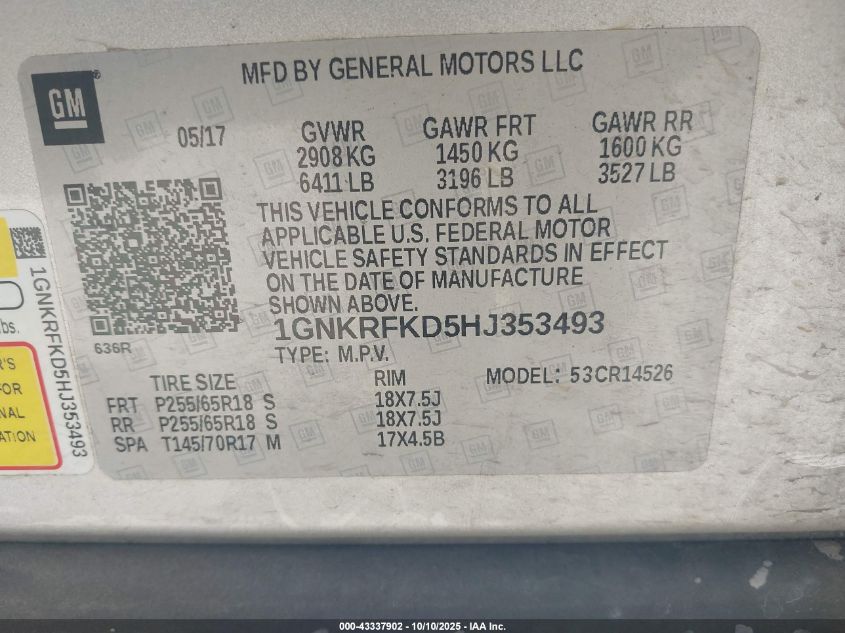 2017 Chevrolet Traverse Ls VIN: 1GNKRFKD5HJ353493 Lot: 43337902