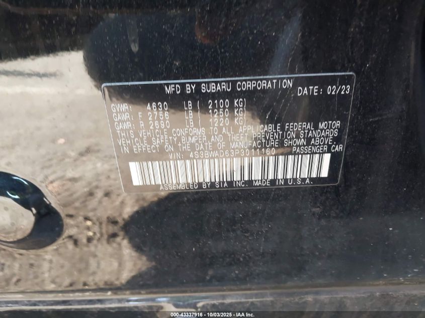 2023 Subaru Legacy Premium VIN: 4S3BWAD63P3011160 Lot: 43337916