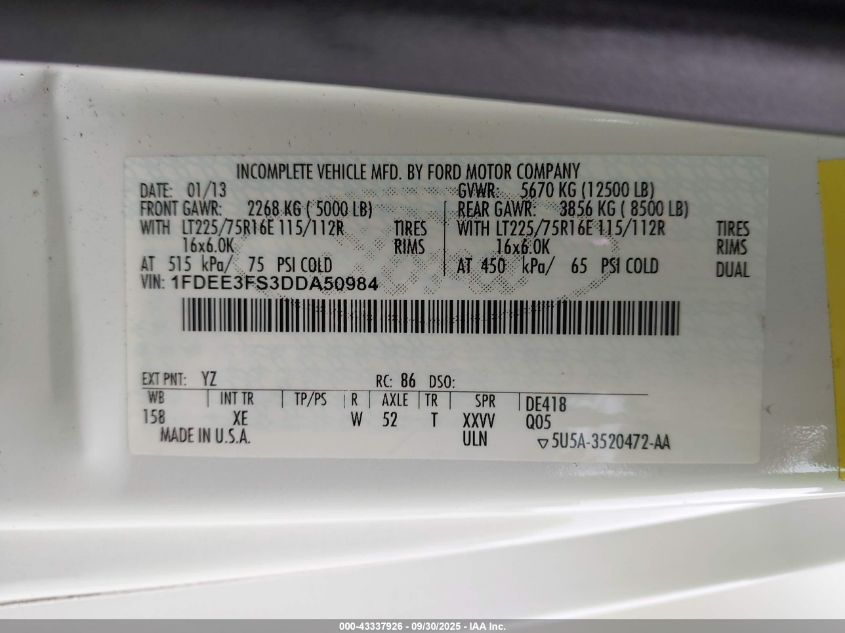 2013 Ford E-350 Cutaway VIN: 1FDEE3FS3DDA50984 Lot: 43337926