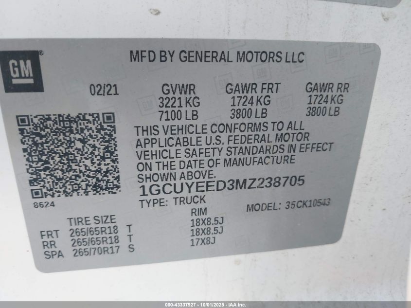 2021 Chevrolet Silverado 1500 4Wd Short Bed Rst VIN: 1GCUYEED3MZ238705 Lot: 43337927