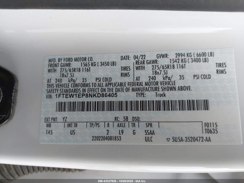 2022 Ford F-150 Xlt VIN: 1FTEW1EP8NKD86405 Lot: 43337928