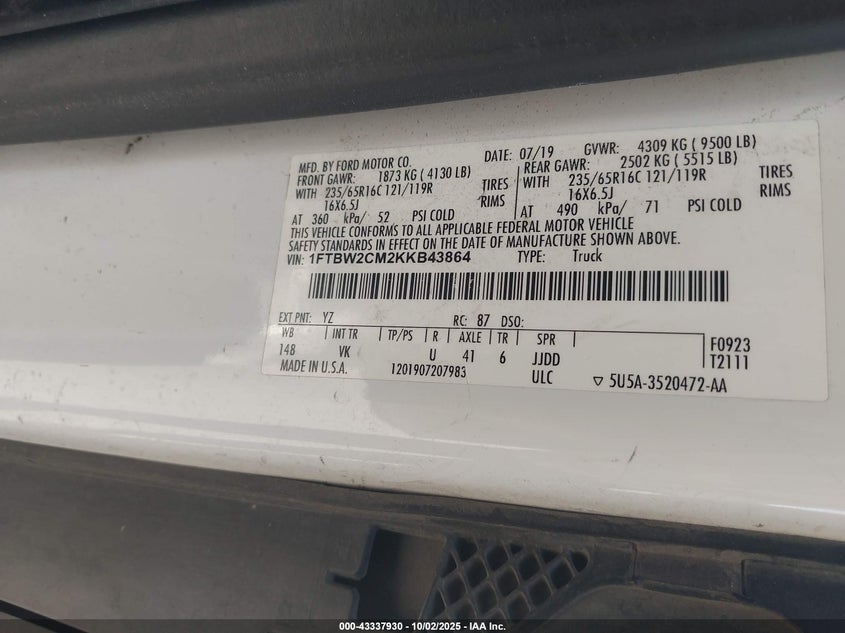 2019 FORD TRANSIT-350 - 1FTBW2CM2KKB43864