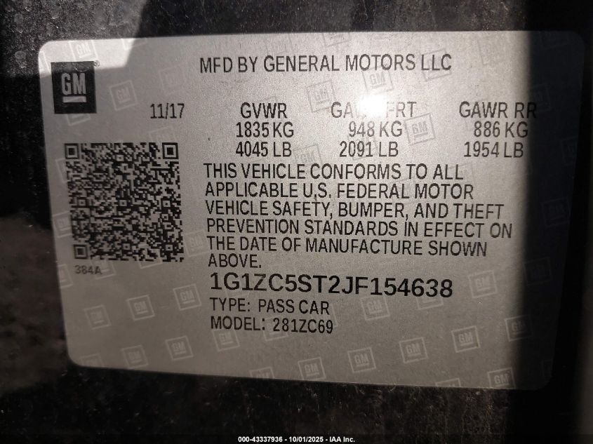 2018 Chevrolet Malibu 1Fl VIN: 1G1ZC5ST2JF154638 Lot: 43337936
