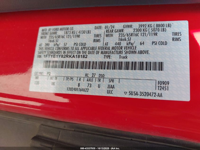 2024 Ford Transit-150 VIN: 1FTYE1Y82RKA18182 Lot: 43337935