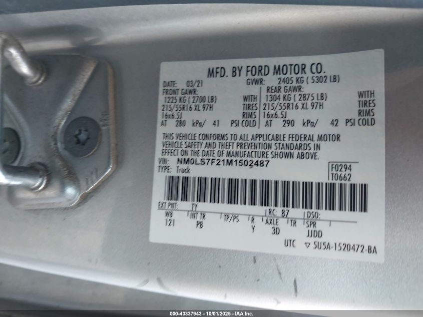 2021 Ford Transit Connect Xlt VIN: NM0LS7F21M1502487 Lot: 43337943