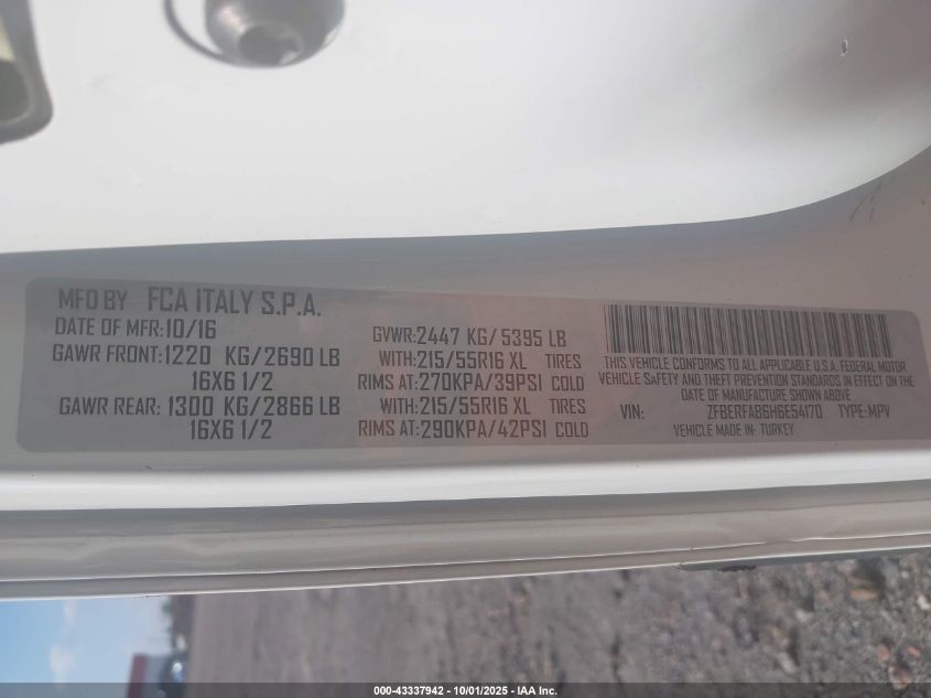 2017 Ram Promaster City Tradesman VIN: ZFBERFAB6H6E54170 Lot: 43337942