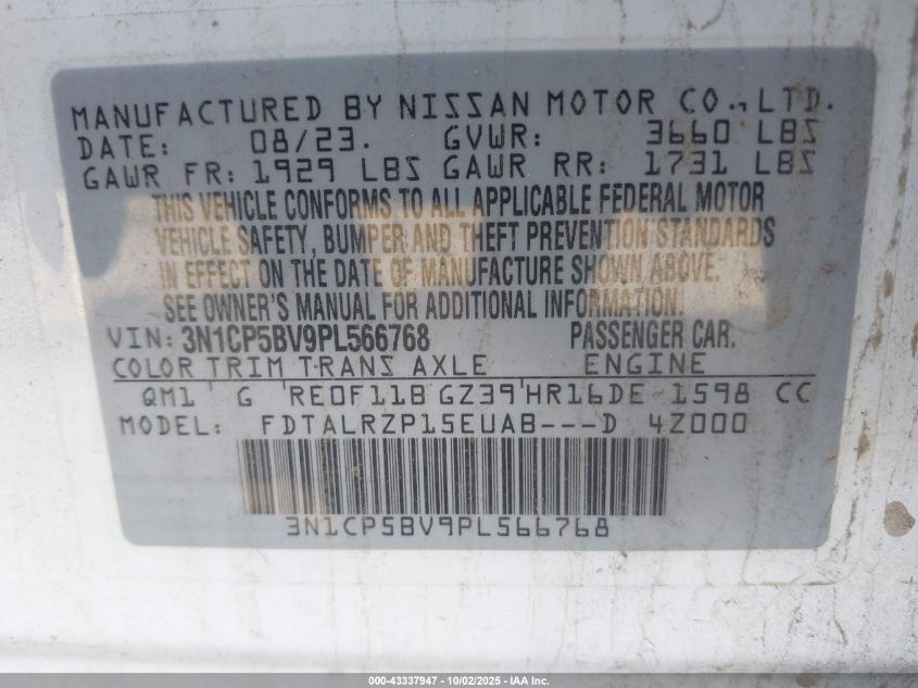 2023 Nissan Kicks S Xtronic Cvt VIN: 3N1CP5BV9PL566768 Lot: 43337947