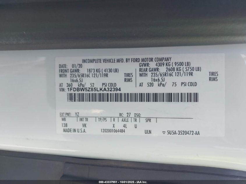2020 Ford Transit-350 Cab VIN: 1FDBW5Z85LKA32394 Lot: 43337951