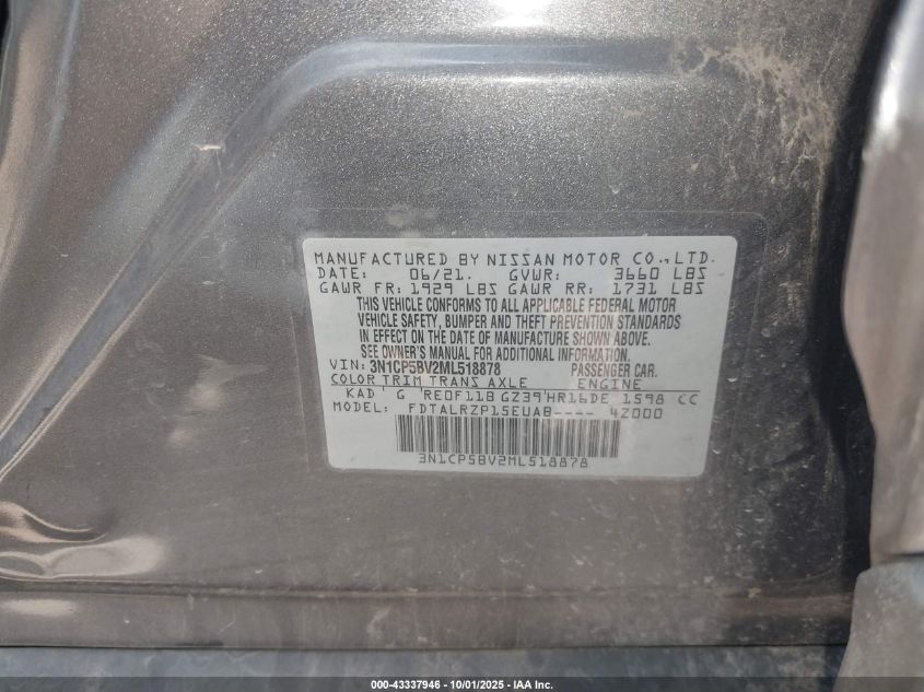 2021 Nissan Kicks S Xtronic Cvt VIN: 3N1CP5BV2ML518878 Lot: 43337946