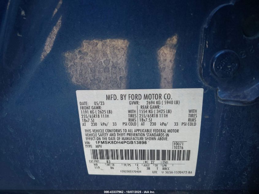 2023 Ford Explorer Xlt VIN: 1FMSK8DH4PGB13898 Lot: 43337962