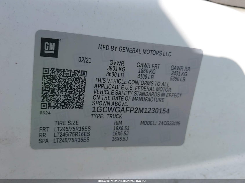 2021 CHEVROLET EXPRESS CARGO RWD 2500 REGULAR WHEELBASE WT - 1GCWGAFP2M1230154