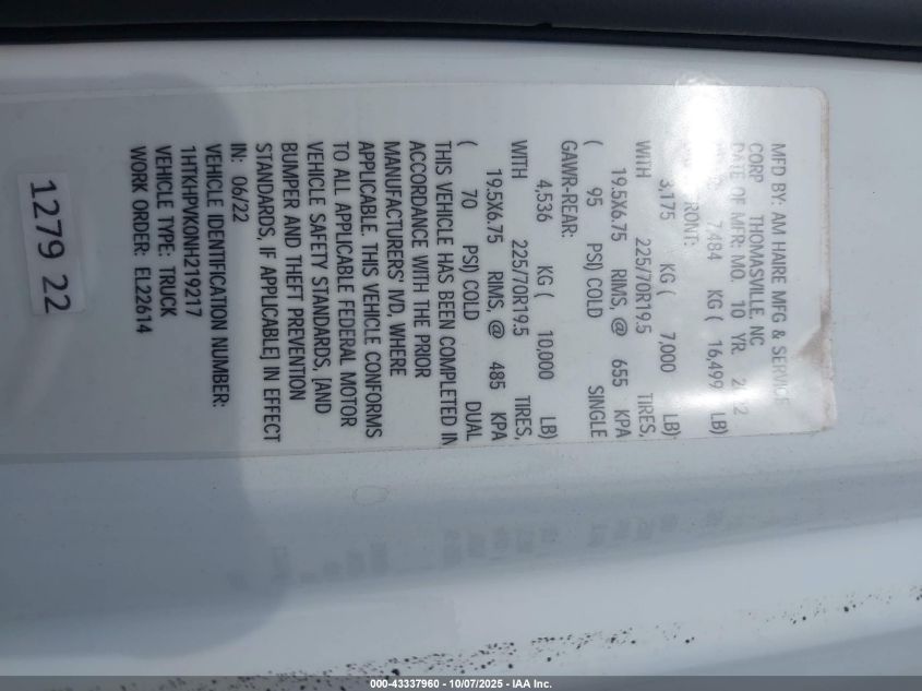 2022 Chevrolet Silverado 4500Hd 1Wt VIN: 1HTKHPVK0NH219217 Lot: 43337960