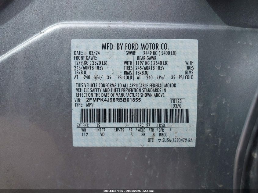 2024 Ford Edge Sel VIN: 2FMPK4J96RBB01855 Lot: 43337965