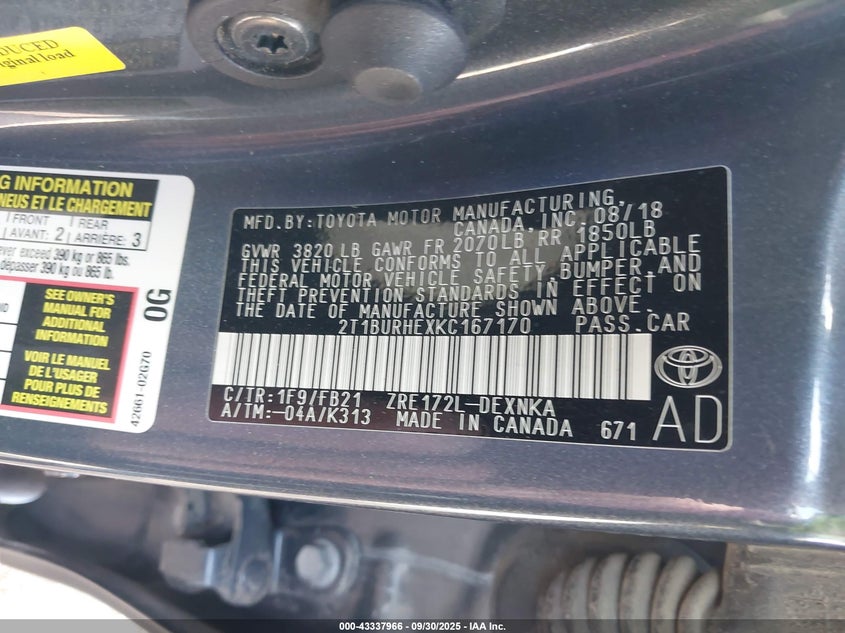 2019 TOYOTA COROLLA LE - 2T1BURHEXKC167170