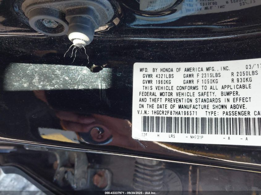 2017 Honda Accord Ex-L VIN: 1HGCR2F87HA196571 Lot: 43337971