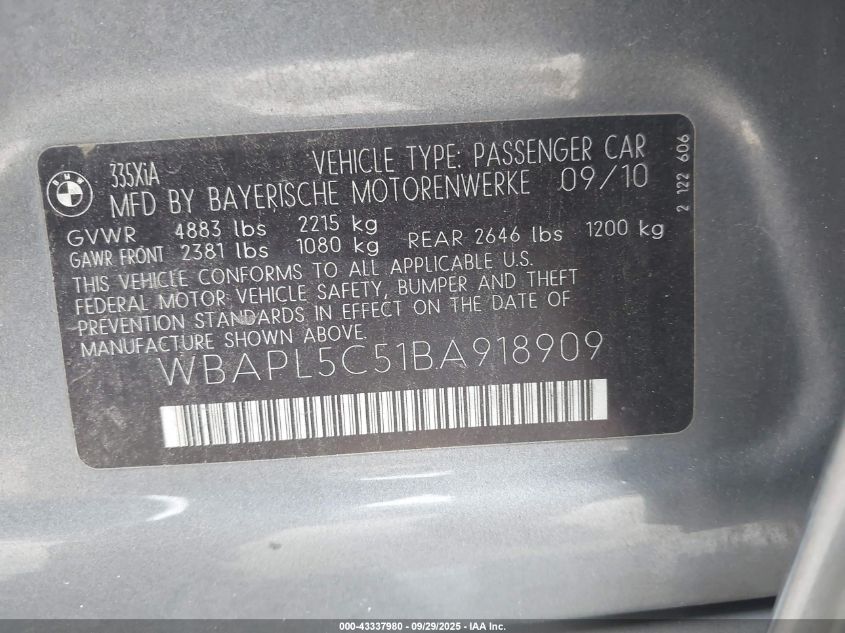 2011 BMW 335I xDrive VIN: WBAPL5C51BA918909 Lot: 43337980