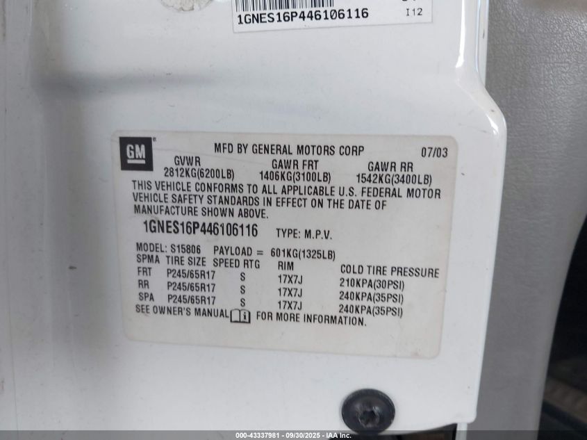 2004 Chevrolet Trailblazer Ext Ls VIN: 1GNES16P446106116 Lot: 43337981