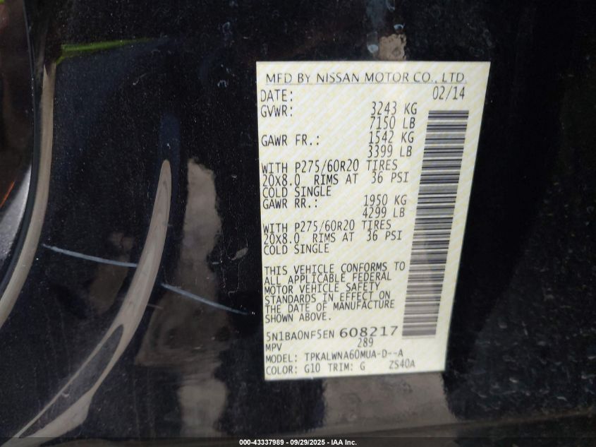 2014 Nissan Armada Platinum VIN: 5N1BA0NF5EN608217 Lot: 43337989