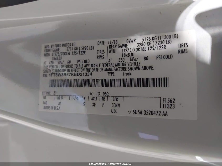 2019 Ford F-350 Xl VIN: 1FT8W3B67KED21334 Lot: 43337999