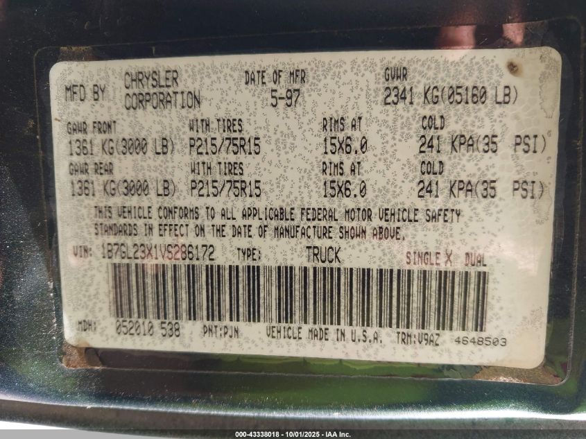 1997 Dodge Dakota Slt/Sport VIN: 1B7GL23X1VS286172 Lot: 43338018