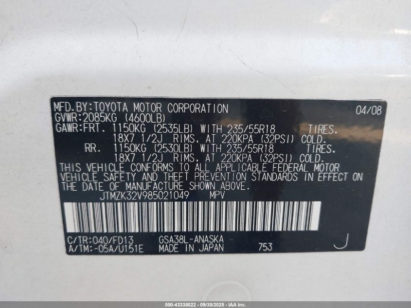 2008 Toyota Rav4 Sport V6 VIN: JTMZK32V985021049 Lot: 43338022