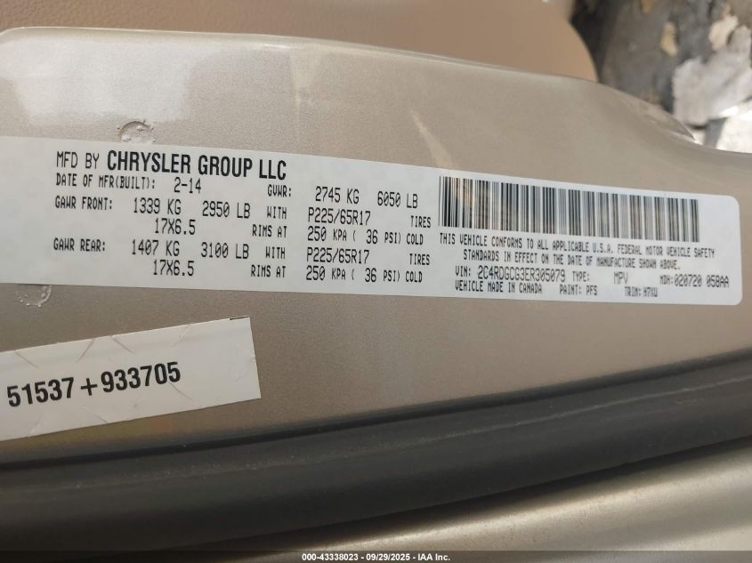 2014 Dodge Grand Caravan Sxt VIN: 2C4RDGCG3ER305079 Lot: 43338023