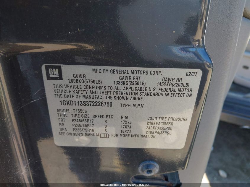 2007 GMC Envoy Sle VIN: 1GKDT13S372226760 Lot: 43338036