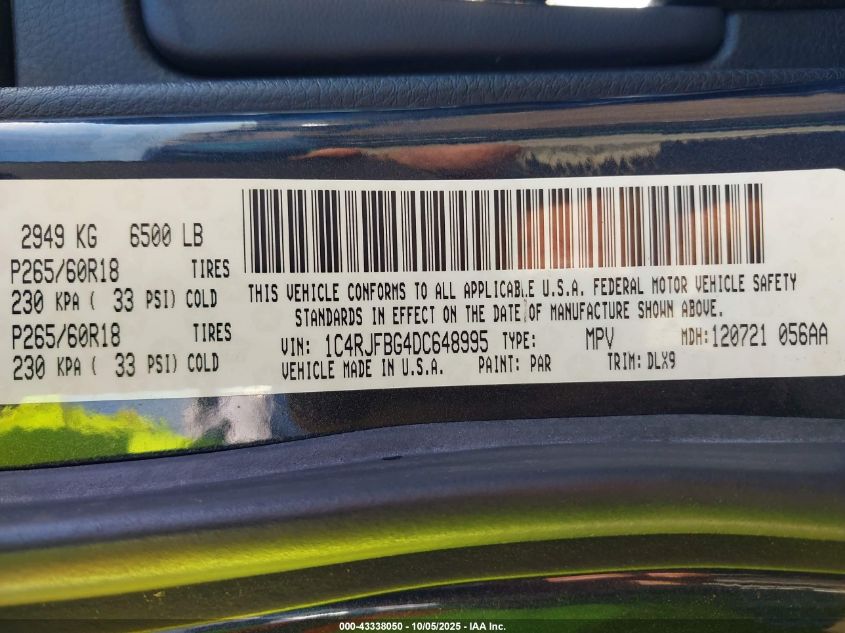 2013 Jeep Grand Cherokee Limited VIN: 1C4RJFBG4DC648995 Lot: 43338050