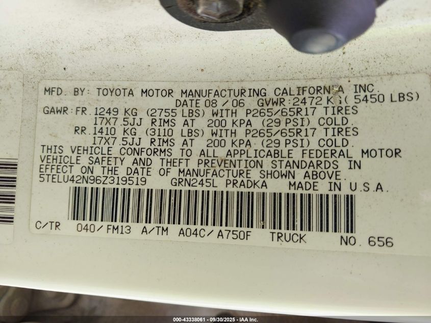 2006 Toyota Tacoma Base V6 VIN: 5TELU42N96Z319519 Lot: 43338061