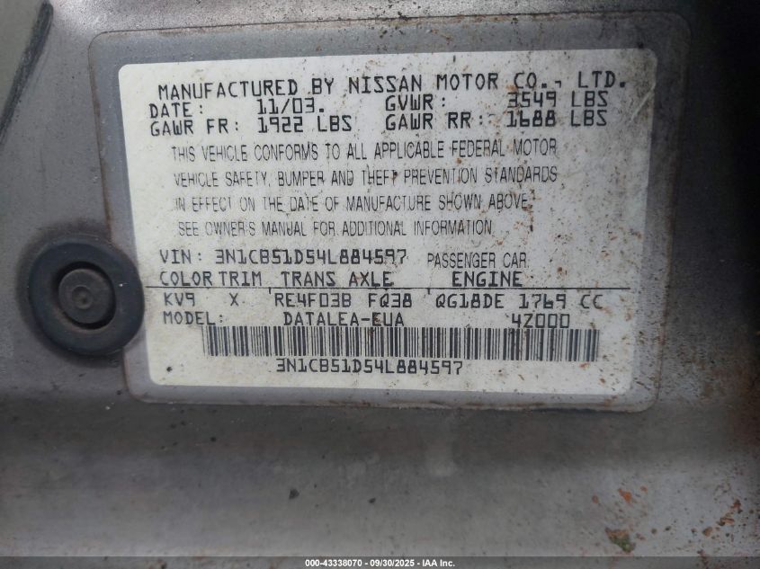2004 Nissan Sentra 1.8S VIN: 3N1CB51D54L884597 Lot: 43338070