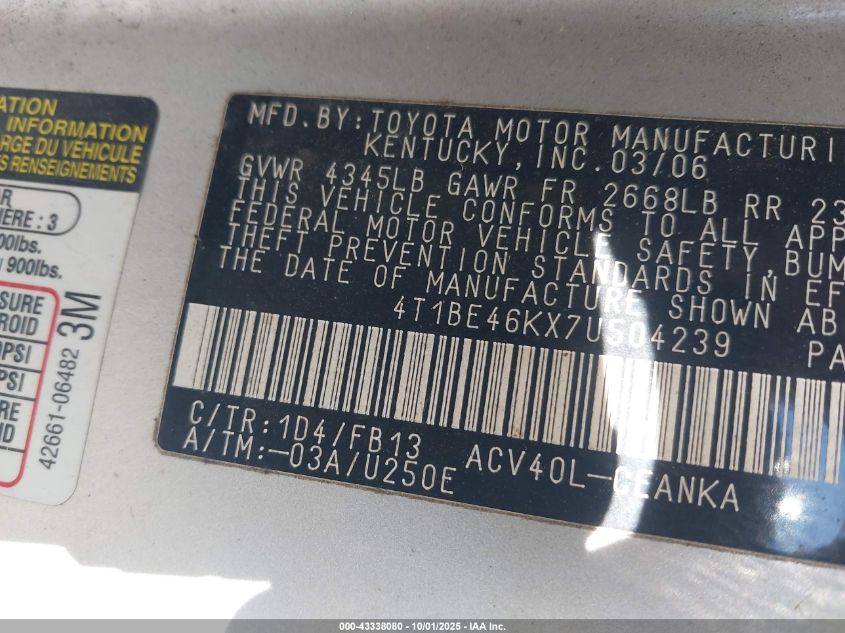 2007 Toyota Camry Le VIN: 4T1BE46KX7U504239 Lot: 43338080