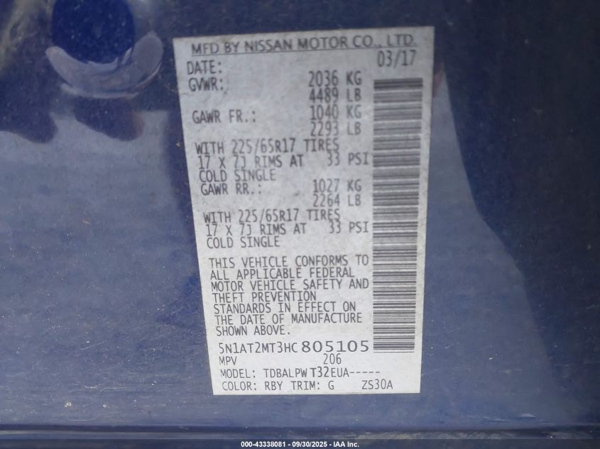 2017 Nissan Rogue S VIN: 5N1AT2MT3HC805105 Lot: 43338081