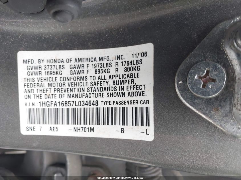 2007 Honda Civic Ex VIN: 1HGFA16857L034648 Lot: 43338082