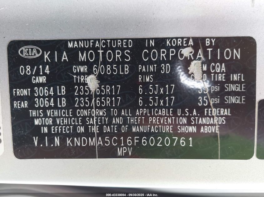 2015 Kia Sedona L VIN: KNDMA5C16F6020761 Lot: 43338084