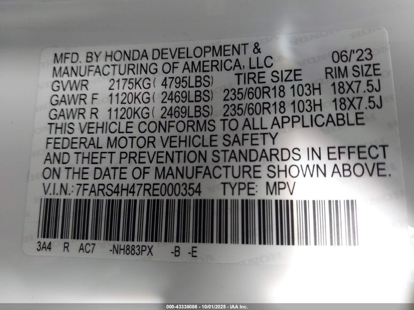 2024 Honda Cr-V Ex Awd VIN: 7FARS4H47RE000354 Lot: 43338086