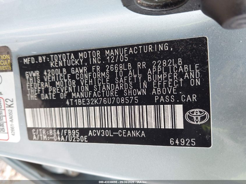 2006 Toyota Camry Le VIN: 4T1BE32K76U708575 Lot: 43338095