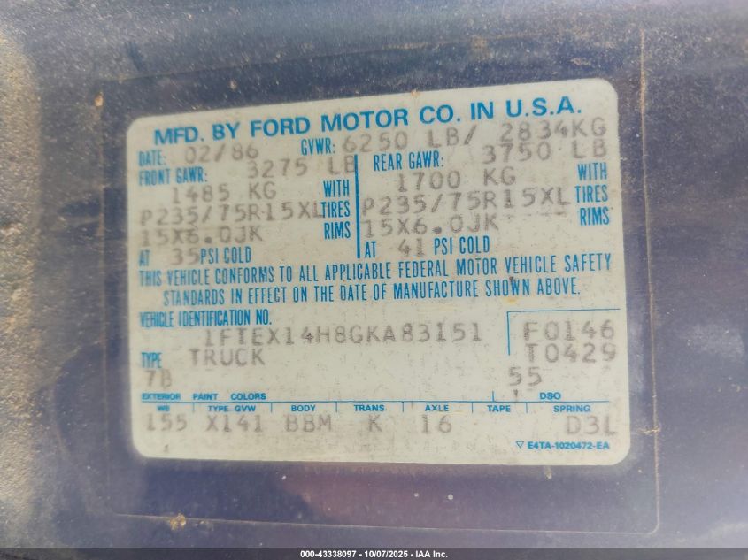 1986 Ford F150 VIN: 1FTEX14H8GKA83151 Lot: 43338097