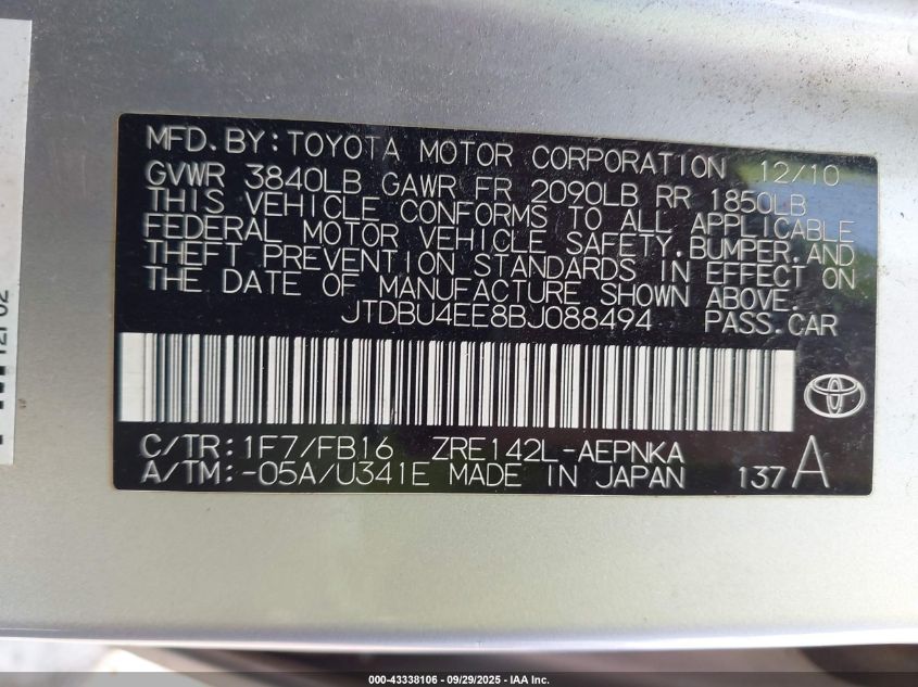 2011 Toyota Corolla Le VIN: JTDBU4EE8BJ088494 Lot: 43338106