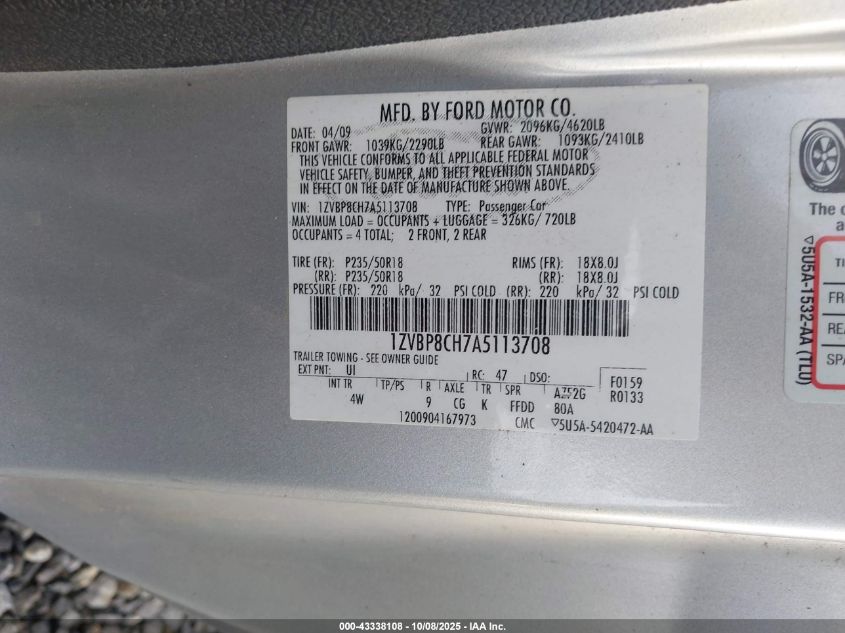 2010 Ford Mustang Gt Premium VIN: 1ZVBP8CH7A5113708 Lot: 43338108