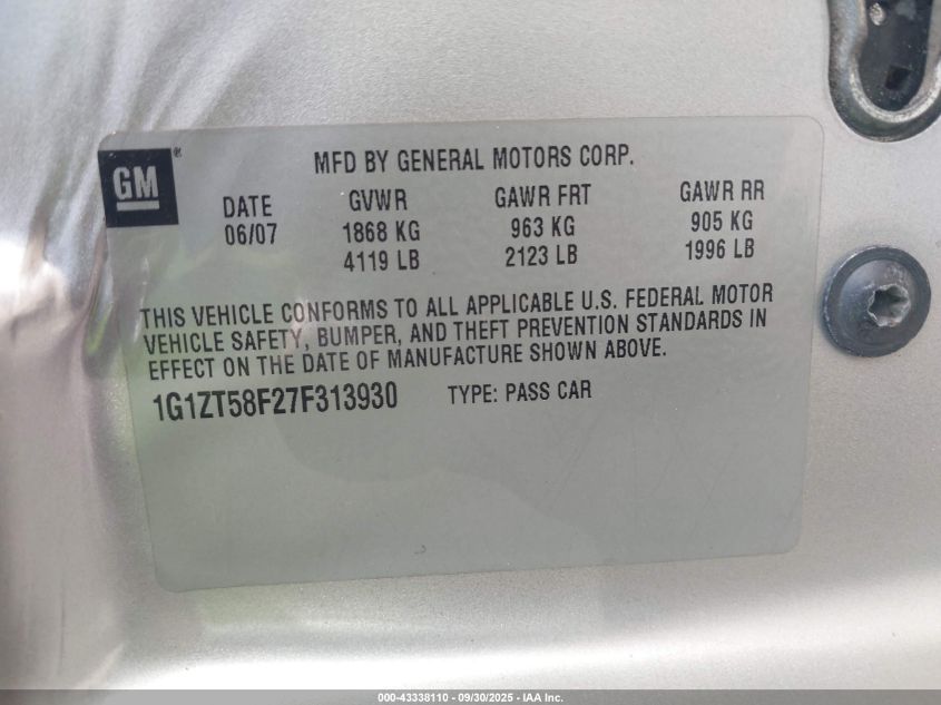 2007 Chevrolet Malibu Lt VIN: 1G1ZT58F27F313930 Lot: 43338110