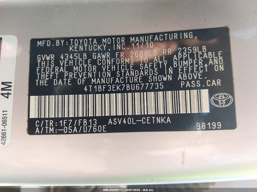 2011 Toyota Camry Le VIN: 4T1BF3EK7BU677735 Lot: 43338111