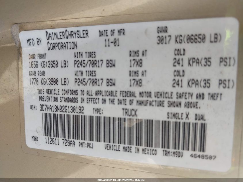 2002 Dodge Ram 1500 St VIN: 3D7HA18N02G130192 Lot: 43338113