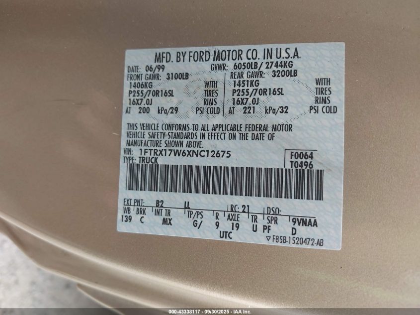1999 Ford F-150 Lariat/Work Series/Xl/Xlt VIN: 1FTRX17W6XNC12675 Lot: 43338117