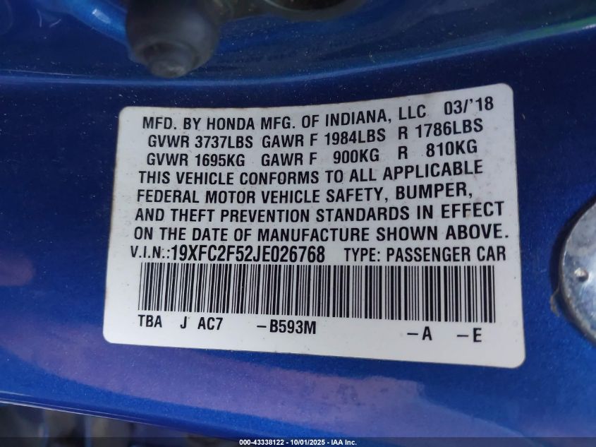 2018 Honda Civic Lx VIN: 19XFC2F52JE026768 Lot: 43338122