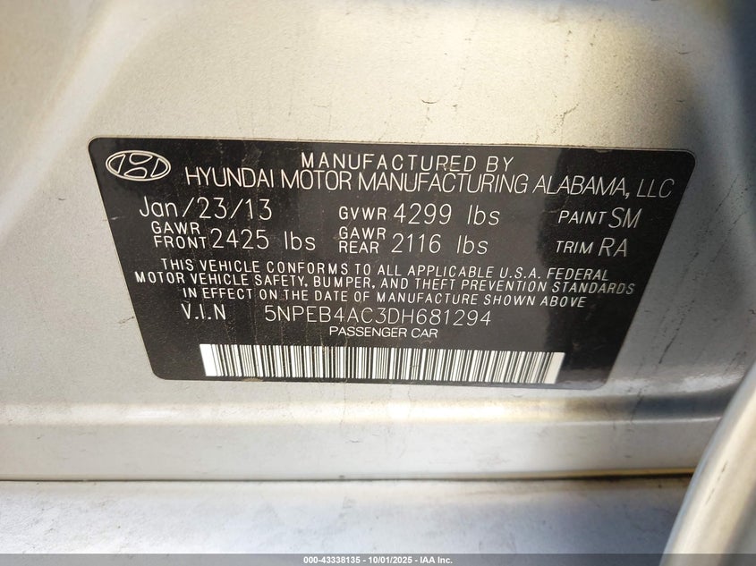 2013 HYUNDAI SONATA GLS - 5NPEB4AC3DH681294