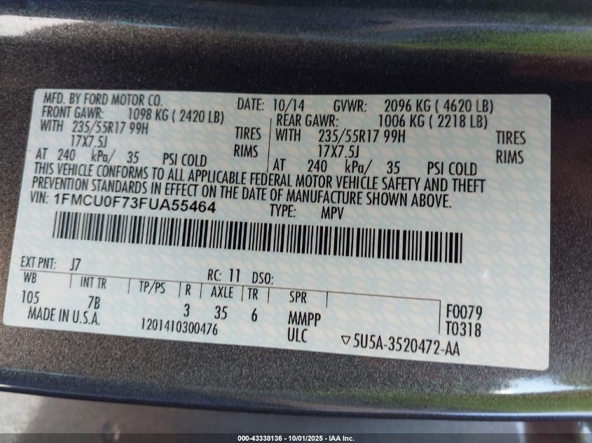 2015 Ford Escape S VIN: 1FMCU0F73FUA55464 Lot: 43338136