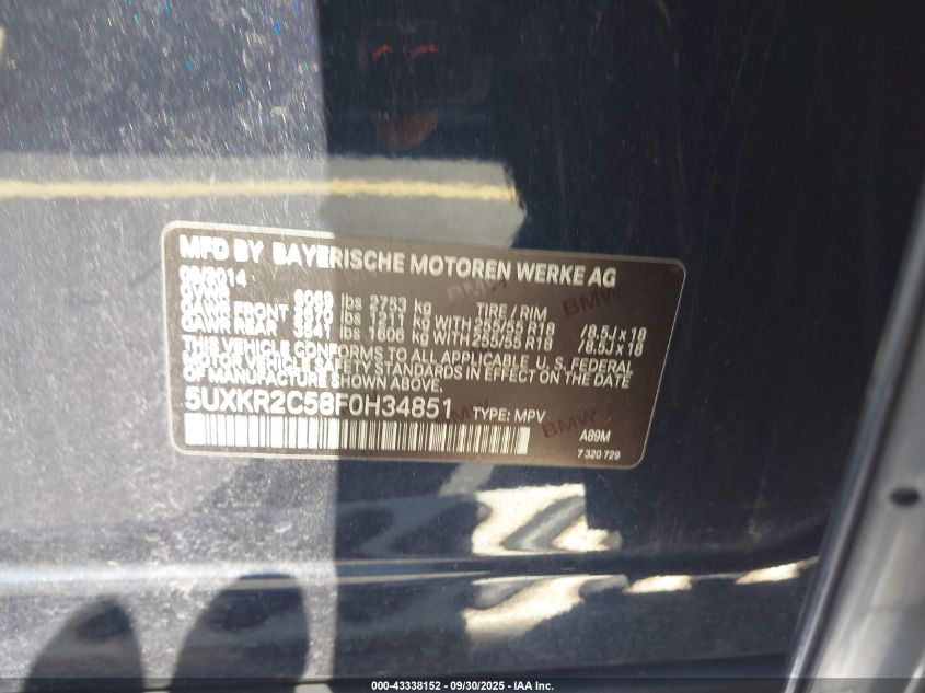 2015 BMW X5 Sdrive35I VIN: 5UXKR2C58F0H34851 Lot: 43338152