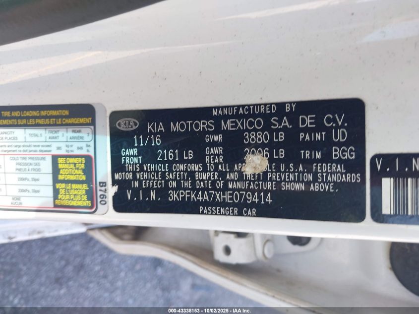 2017 Kia Forte Lx VIN: 3KPFK4A7XHE079414 Lot: 43338153
