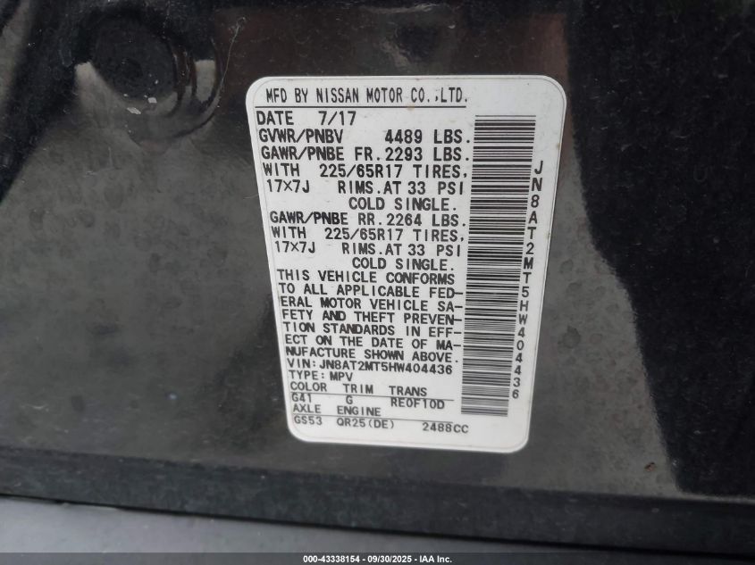 2017 Nissan Rogue S VIN: JN8AT2MT5HW404436 Lot: 43338154